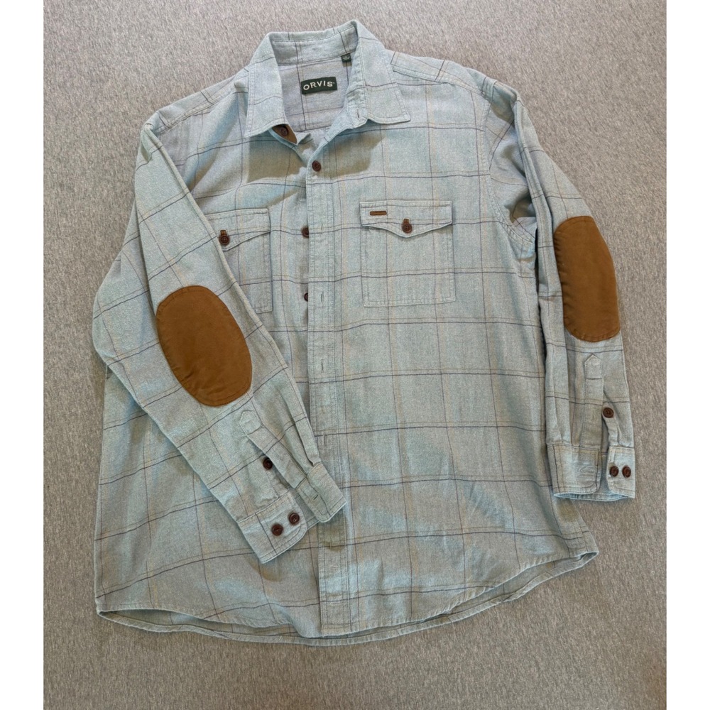 Orvis Fairbanks Flannel Shirt Mens XL Blue Plaid Elbow Patches Cotton Shirt
